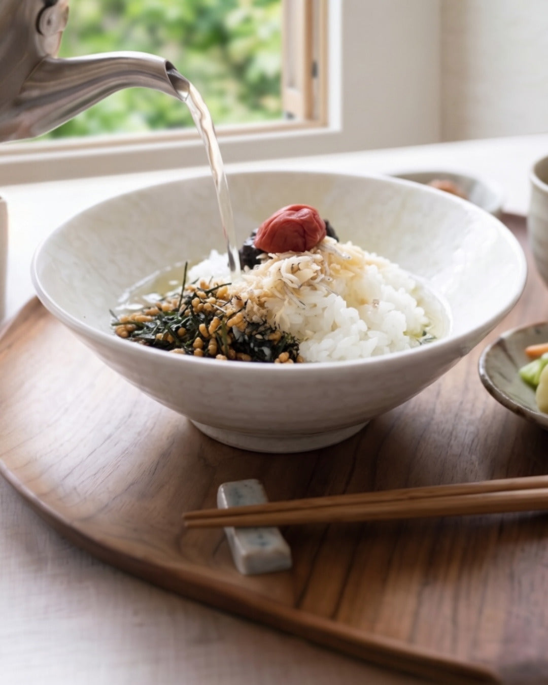 Genmaicha dégusté avec un bol de riz, accord thé vert et cuisine japonaise